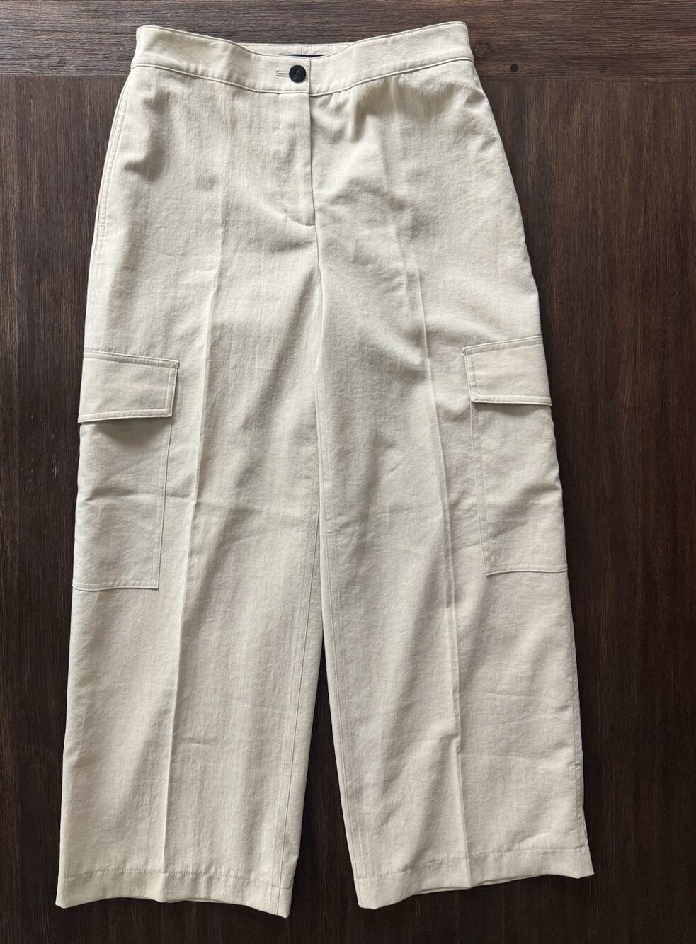 Theory Wide Leg Cargo Pants Women’s 0 XS Beige Khaki Crisp Poly Minimalist